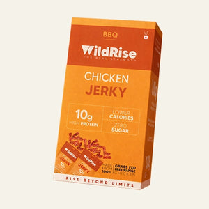 BBQ chicken jerky, smoky high-protein snack for muscle gain, pre workout, and healthy everyday fuel.