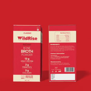 Nutrient rich chicken bone broth powder with collagen made from slow cooked bones and available as convenient broth powder